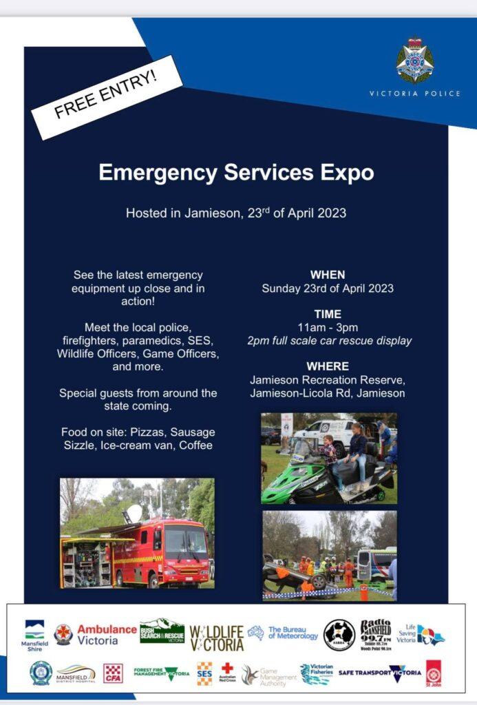Poster with images of equipment and rescue demonstrations, with details of the expo event planned for Sunday 23 April 2023