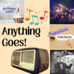 image collage featuring retro radio, birthday cake, band, singer and tile with the text Frivolous Fun Facts